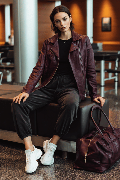 a woman at an airport lounge, wearing a deep burgundy leather moto jacket, black fitted mock-neck top, slim dark jogger trousers, and white chunky sneakers 