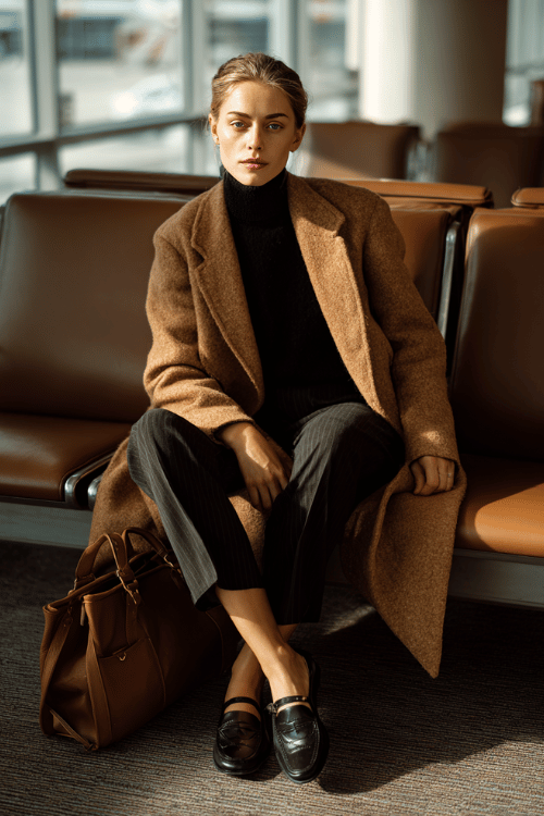 a woman at an airport lounge, wearing a rich camel wool coat, black ribbed turtleneck, slim dark trousers, and black leather loafers, structured leather tote on her lap 