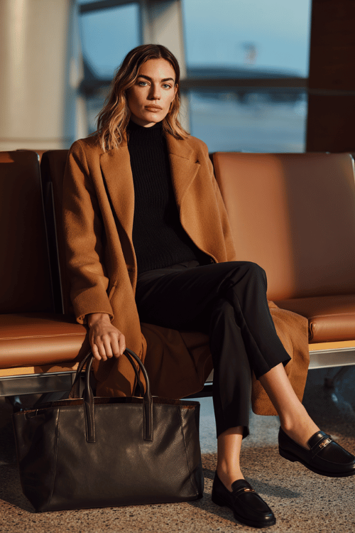 a woman at an airport lounge, wearing a rich camel wool coat, black ribbed turtleneck, slim dark trousers, and black leather loafers, structured leather tote on her lap