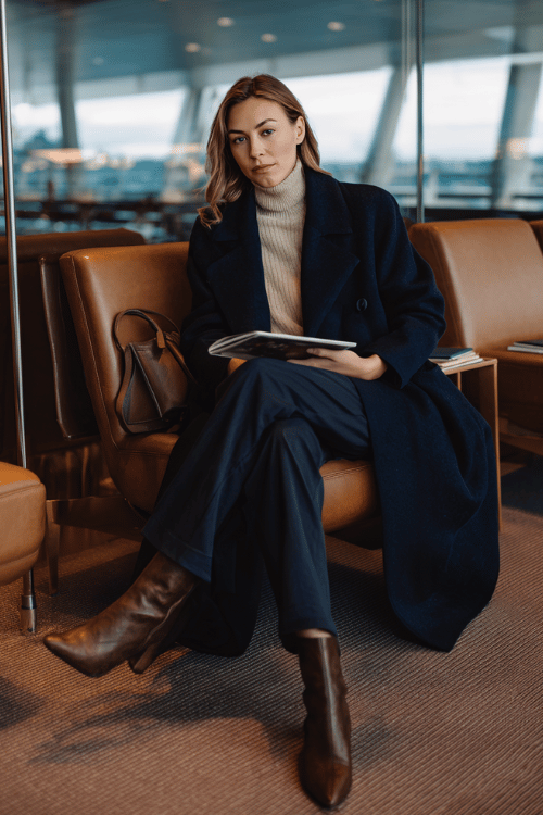 a woman at an airport lounge, wearing a rich deep navy blue wrap coat, cream ribbed turtleneck, slim-fit tailored trousers, and cognac leather kitten heel ankle boots