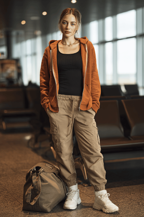 a woman at an airport lounge, wearing a rust-orange zip-up hoodie, black ribbed fitted top, khaki cargo pants, and white chunky sneakers, duffle bag at her feet, cool and casual fall style