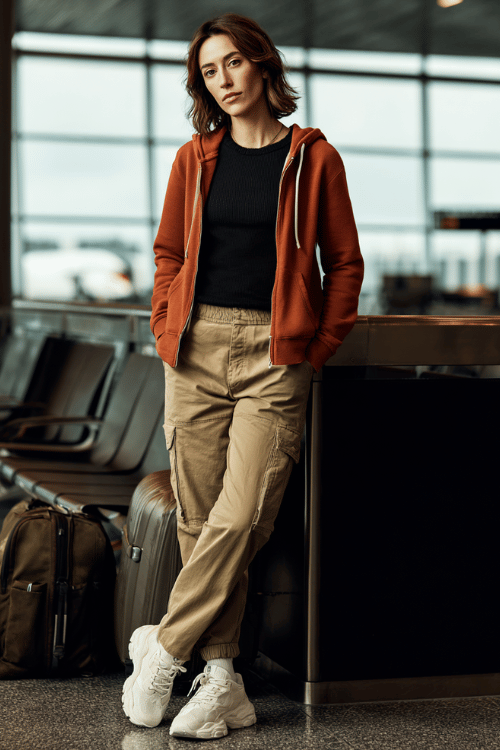 a woman at an airport lounge, wearing a rust-orange zip-up hoodie, black ribbed fitted top, khaki cargo pants, and white chunky sneakers, duffle bag at her feet, cool and casual fall style