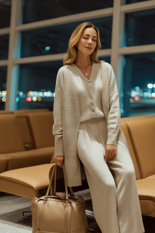 a woman at an airport lounge, wearing a soft oatmeal knit matching co-ord set with wide-leg trousers and a longline cardigan, pointed-toe flats, and a structured camel handbag