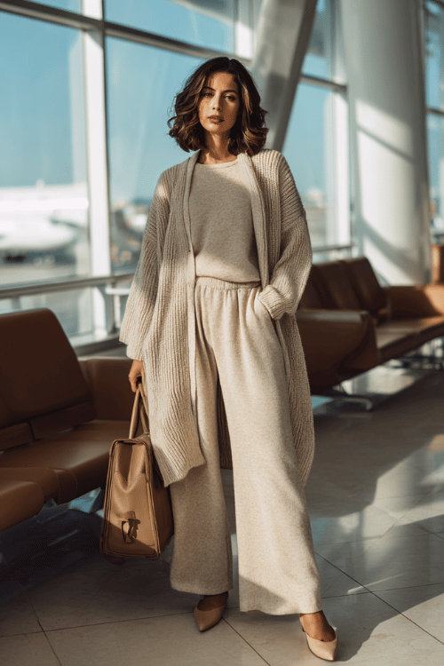 a woman at an airport lounge, wearing a soft oatmeal knit matching co-ord set with wide-leg trousers and a longline cardigan, pointed-toe flats, and a structured camel handbag
