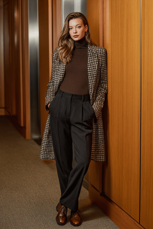 a woman dressed in a chocolate brown turtleneck layered under a longline houndstooth blazer in black and ivory, paired with straight-leg dark trousers and Oxford shoes in cognac leather