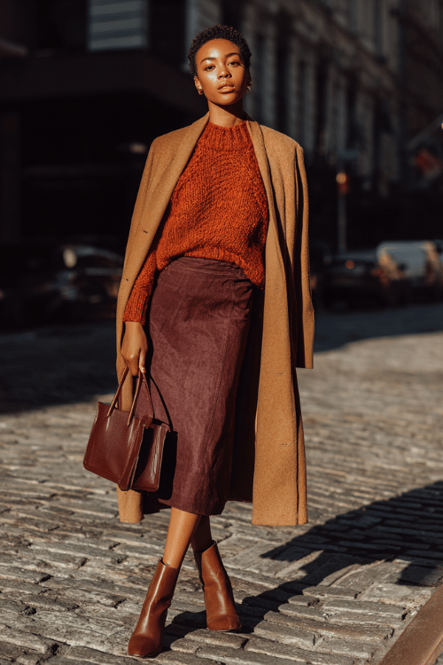 a woman dressed in a chunky rust-orange knit sweater tucked into a high-waisted A-line skirt in deep plum, layered with a longline camel overcoat, wearing block-heel ankle boots 