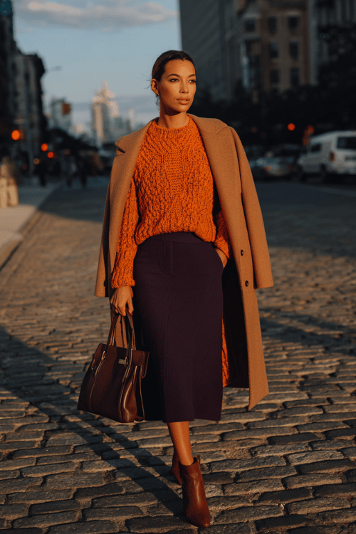 a woman dressed in a chunky rust-orange knit sweater tucked into a high-waisted A-line skirt in deep plum, layered with a longline camel overcoat, wearing block-heel ankle boots