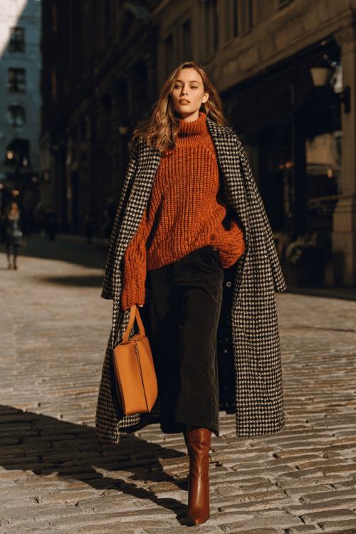 a woman dressed in a chunky rust-orange oversized knit sweater tucked into wide-leg dark wash trousers, layered with a longline houndstooth coat in black and ivory 
