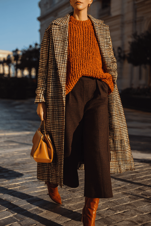 a woman dressed in a chunky rust-orange oversized knit sweater tucked into wide-leg dark wash trousers, layered with a longline houndstooth coat in black and ivory