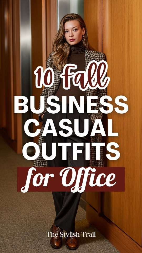 a woman dressed in a fall business casual outfit for office with a brown turtleneck layered under a longline houndstooth blazer, with dark trousers and Oxford shoes in cognac leather