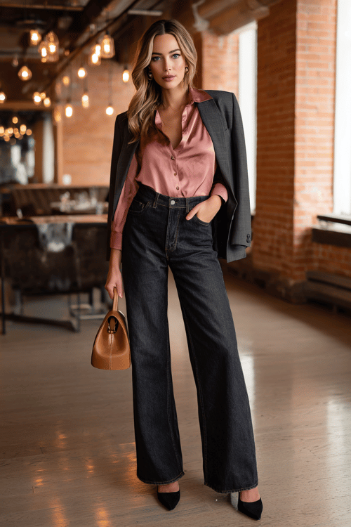 a woman dressed in a soft dusty rose silk blouse tucked into high-waisted dark wash wide-leg jeans, layered with a fitted charcoal wool blazer, finished with pointed-toe kitten heels in black suede