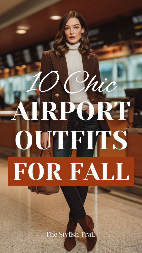 a woman in a chic fall airport outfit with a rich chocolate brown wool blazer, cream ribbed turtleneck, dark jeans, and brown suede pointed-toe ankle boots