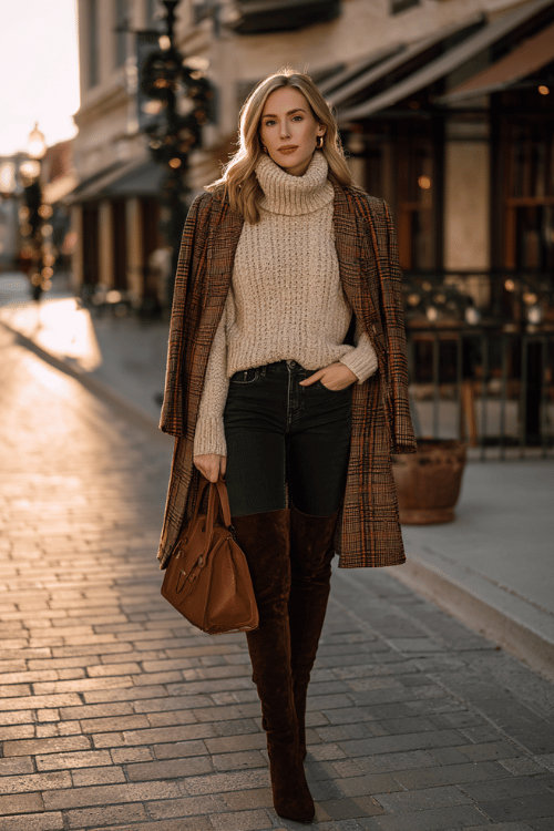 a woman in a chunky cream ribbed turtleneck sweater tucked into straight-leg black jeans, paired with over-the-knee boots in dark brown suede and a longline plaid coat in rust and tan tones