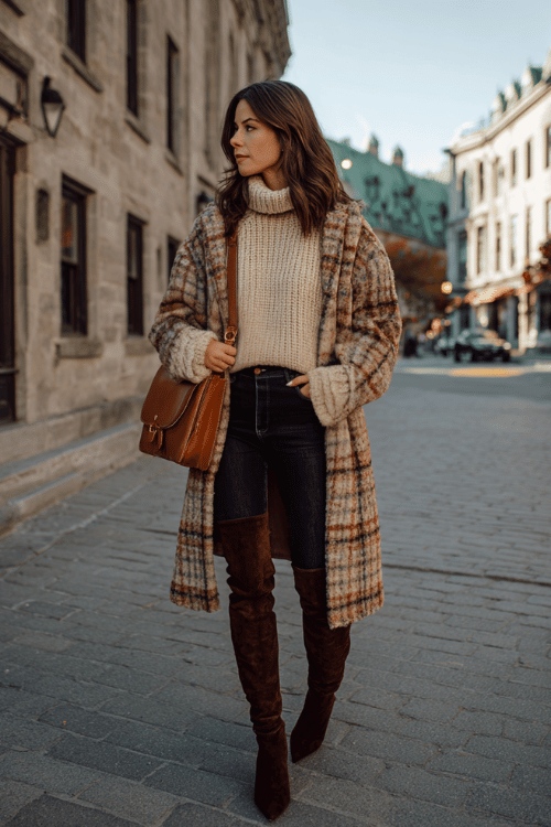 a woman in a chunky cream ribbed turtleneck sweater tucked into straight-leg black jeans, paired with over-the-knee boots in dark brown suede and a longline plaid coat in rust and tan tones
