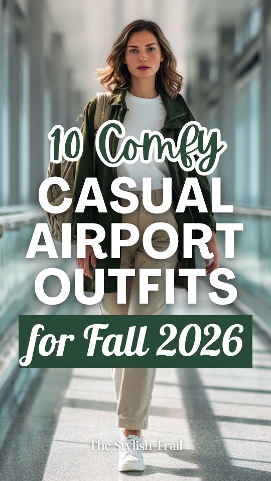 a woman in a comfy casual fall airport outfit with a forest green anorak jacket, white long-sleeve fitted tee, straight-leg khaki trousers