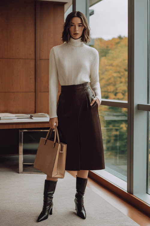 a woman in a cream ribbed turtleneck sweater tucked into a high-waisted A-line midi skirt in deep burgundy, wearing pointed-toe ankle boots in black leather