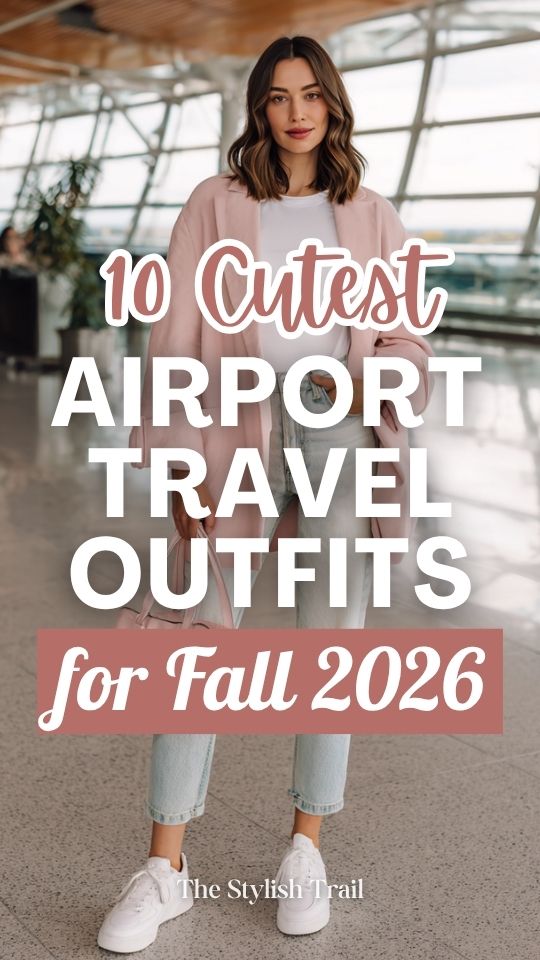 a woman in a cute fall travel airport outfit with a soft blush pink blazer, white fitted tee, high-waist light wash jeans, and white sneakers, small pink leather handbag