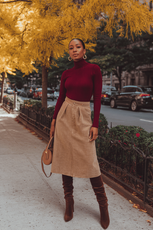 a woman in a deep burgundy ribbed turtleneck sweater tucked into a high-waisted A-line midi skirt in warm camel, wearing over-the-knee boots in dark brown suede