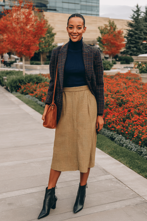 a woman in a deep navy fitted turtleneck tucked into a high-waisted A-line skirt in warm caramel tweed, layered with a tailored plaid blazer in burgundy and tan tones