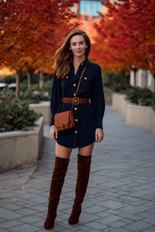 a woman in a deep navy long-sleeve shirt dress with gold button details and a belted waist, paired with over-the-knee boots in rich chocolate brown suede