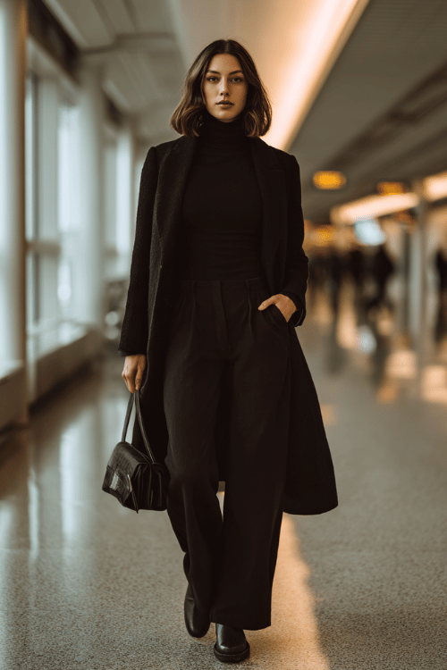 a woman in a dramatic airport corridor, dressed in an all-black outfit fitted turtleneck, wide-leg tailored trousers, long black wool coat, and black Chelsea boots small black structured bag