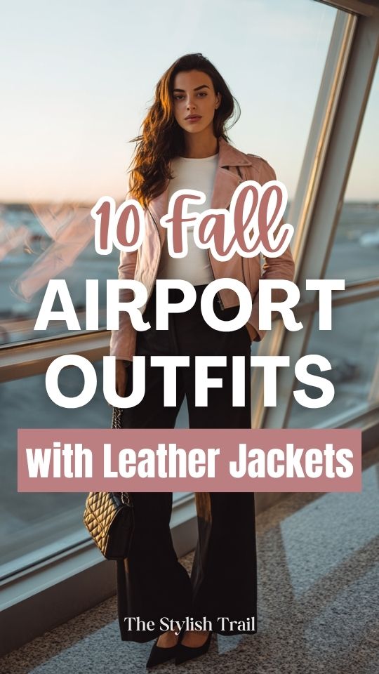 a woman in a fall airport outfit with a leather jacket, white fitted long-sleeve tee, high-waist wide-leg black trousers, and black pointed-toe flats