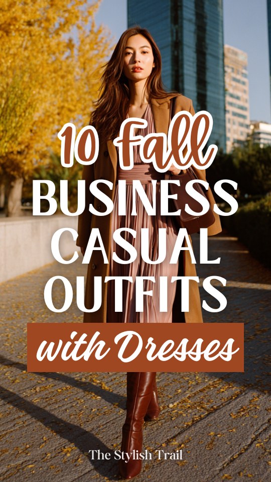 a woman in a fall business casual outfit with a dress with a fitted bodice and pleated skirt, layered with a tailored camel overcoat and boots
