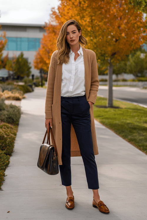 a woman in a longline camel cardigan layered over a crisp white fitted shirt and slim-fit dark navy trousers, paired with pointed-toe loafers in cognac leather and a sleek leather crossbody bag 