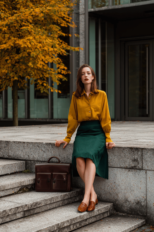 a woman in a mustard yellow button-down blouse tucked into a tailored A-line midi skirt in deep forest green, finished with pointed-toe loafers in cognac leather 