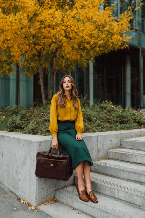 a woman in a mustard yellow button-down blouse tucked into a tailored A-line midi skirt in deep forest green, finished with pointed-toe loafers in cognac leather