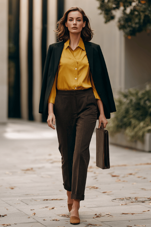 a woman in a mustard yellow button-down blouse tucked into tailored dark brown trousers, layered with a fitted black blazer and finished with block-heel mules in tan suede 