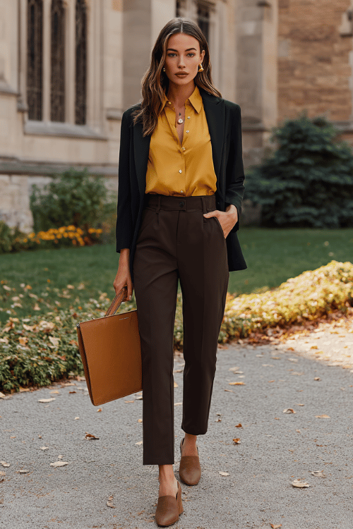 a woman in a mustard yellow button-down blouse tucked into tailored dark brown trousers, layered with a fitted black blazer and finished with block-heel mules in tan suede