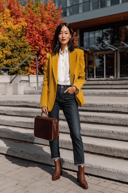 a woman in a mustard yellow fitted blazer over a white button-down shirt tucked into straight-leg dark wash jeans, finished with Western-inspired ankle boots in cognac leather