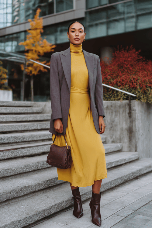 a woman in a mustard yellow long-sleeve turtleneck dress with a fitted bodice and flowing A-line midi skirt, layered with a longline charcoal grey blazer