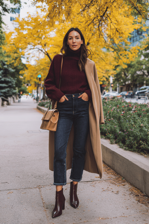 a woman in a rich burgundy turtleneck sweater tucked into high-waisted slim-fit dark indigo jeans, layered with a longline camel overcoat, wearing pointed-toe ankle boots in dark brown leather