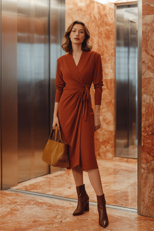 a woman in a rust-colored long-sleeve wrap dress with a cinched waist and midi length, paired with block-heel ankle boots in dark tan, carrying a structured handbag in cognac leather 