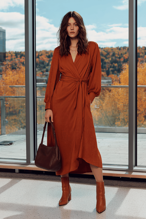 a woman in a rust-orange long-sleeve wrap dress with a flowing midi skirt and cinched waist, paired with block-heel ankle boots in dark tan leather and a minimalist top-handle bag