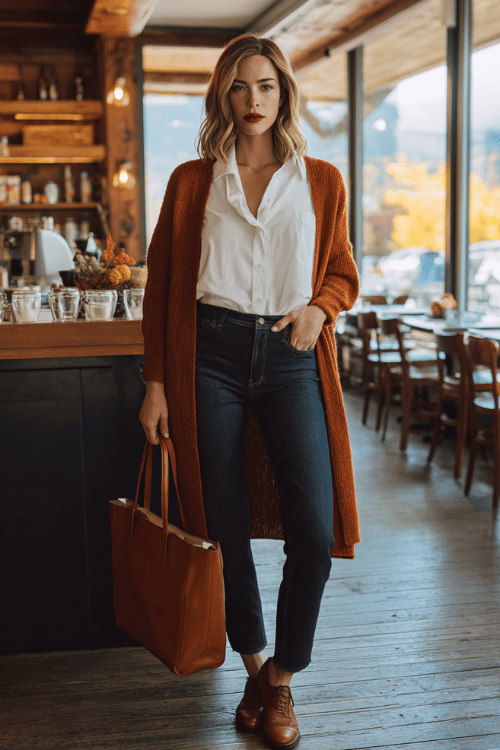 a woman in a rust-orange longline cardigan layered over a white button-down shirt tucked into high-waisted straight-leg dark wash jeans, finished with Oxford shoes in cognac leather