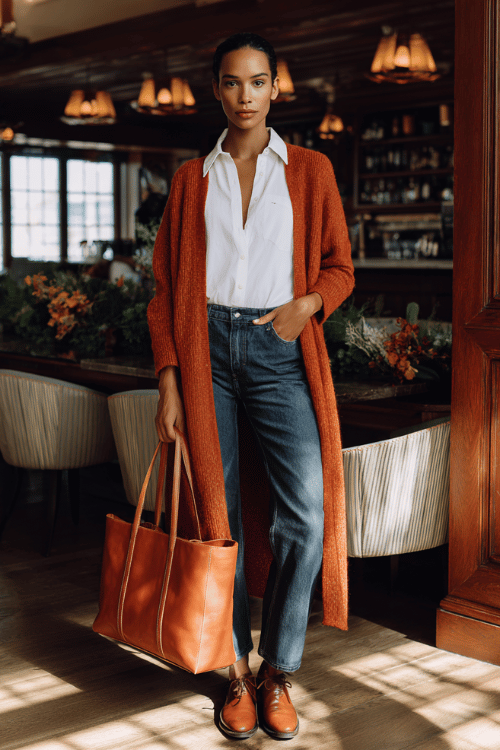 a woman in a rust-orange longline cardigan layered over a white button-down shirt tucked into high-waisted straight-leg dark wash jeans, finished with Oxford shoes in cognac leather