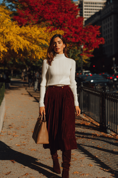 a woman in a soft cream ribbed turtleneck sweater tucked into a high-waisted pleated midi skirt in deep burgundy, paired with knee-high boots in dark brown suede and a structured top-handle bag