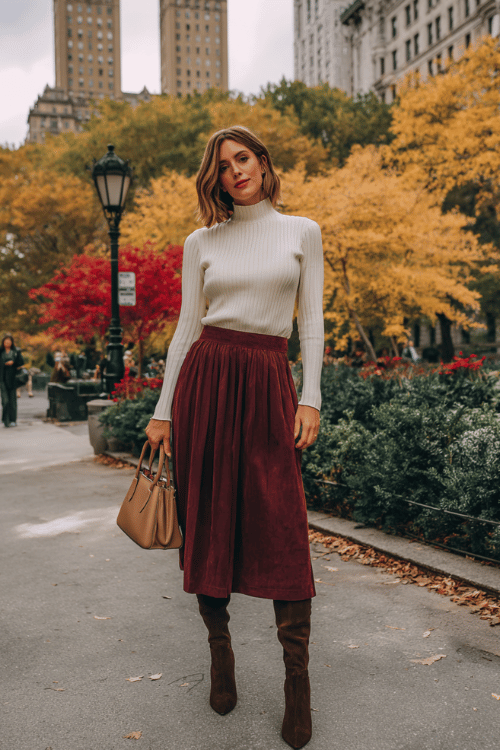 a woman in a soft cream ribbed turtleneck sweater tucked into a high-waisted pleated midi skirt in deep burgundy, paired with knee-high boots in dark brown suede