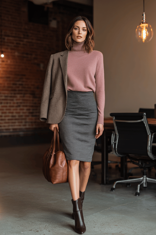a woman in a soft dusty rose mock-neck sweater tucked into a tailored pencil skirt in charcoal grey, paired with pointed-toe ankle boots in dark brown leather and a longline camel blazer