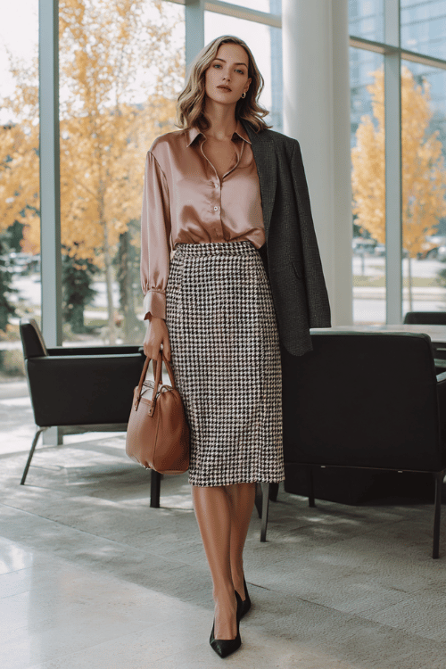 a woman in a soft dusty rose silk blouse tucked into a high-waisted houndstooth midi skirt in black and ivory, layered with a fitted charcoal blazer, finished with pointed-toe pumps in black suede