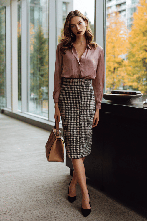 a woman in a soft dusty rose silk blouse tucked into a high-waisted houndstooth midi skirt in black and ivory, layered with a fitted charcoal blazer