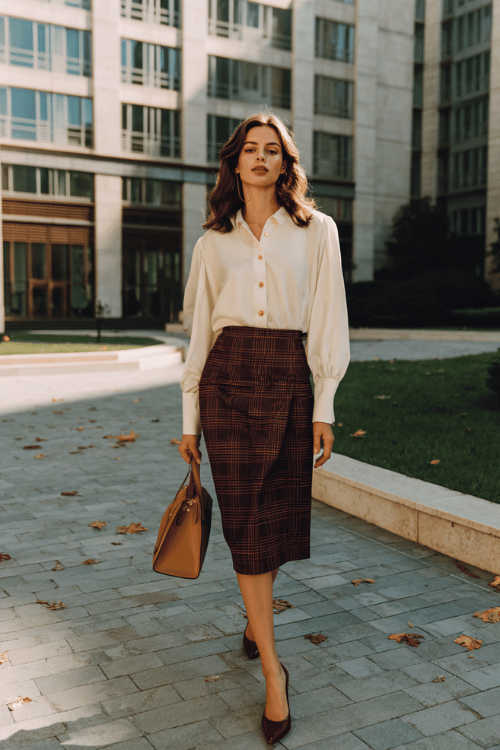 a woman in a soft ivory long-sleeve blouse with delicate button details tucked into a high-waisted midi skirt in rich burgundy plaid, paired with pointed-toe kitten heels in dark brown leather