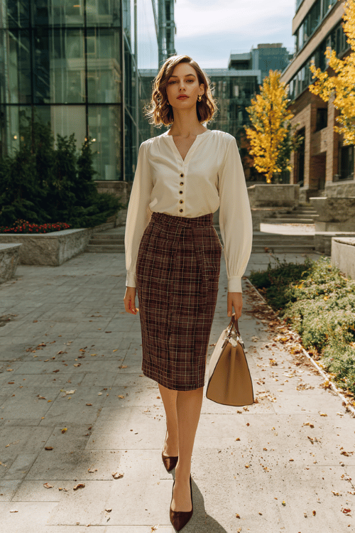 a woman in a soft ivory long-sleeve blouse with delicate button details tucked into a high-waisted midi skirt in rich burgundy plaid, paired with pointed-toe kitten heels