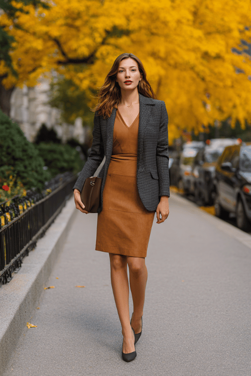 a woman in a tailored sheath dress in warm camel with long sleeves and a knee-length hem, layered with a fitted charcoal grey blazer, finished with pointed-toe pumps