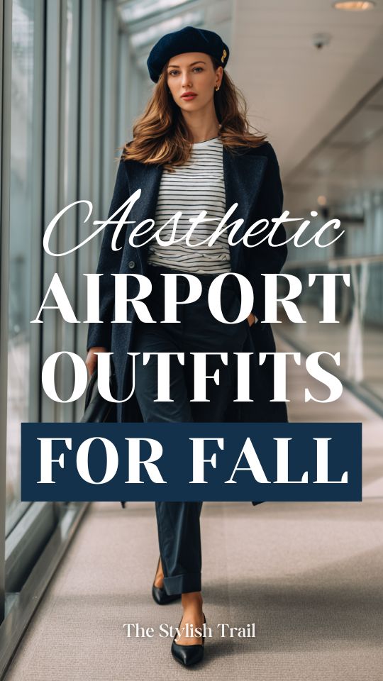 a woman in an aesthetic fall airport outfit with a deep navy beret, matching navy longline wool coat, white fitted striped top