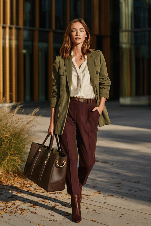 a woman in an olive green utility-style blazer over a cream silk blouse tucked into tailored trousers in deep burgundy, paired with pointed-toe ankle boots in dark tan leather