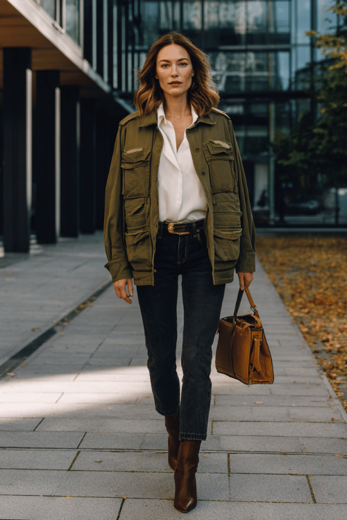 a woman in an olive green utility-style jacket layered over a white silk blouse tucked into slim-fit dark indigo jeans, paired with pointed-toe ankle boots in cognac leather